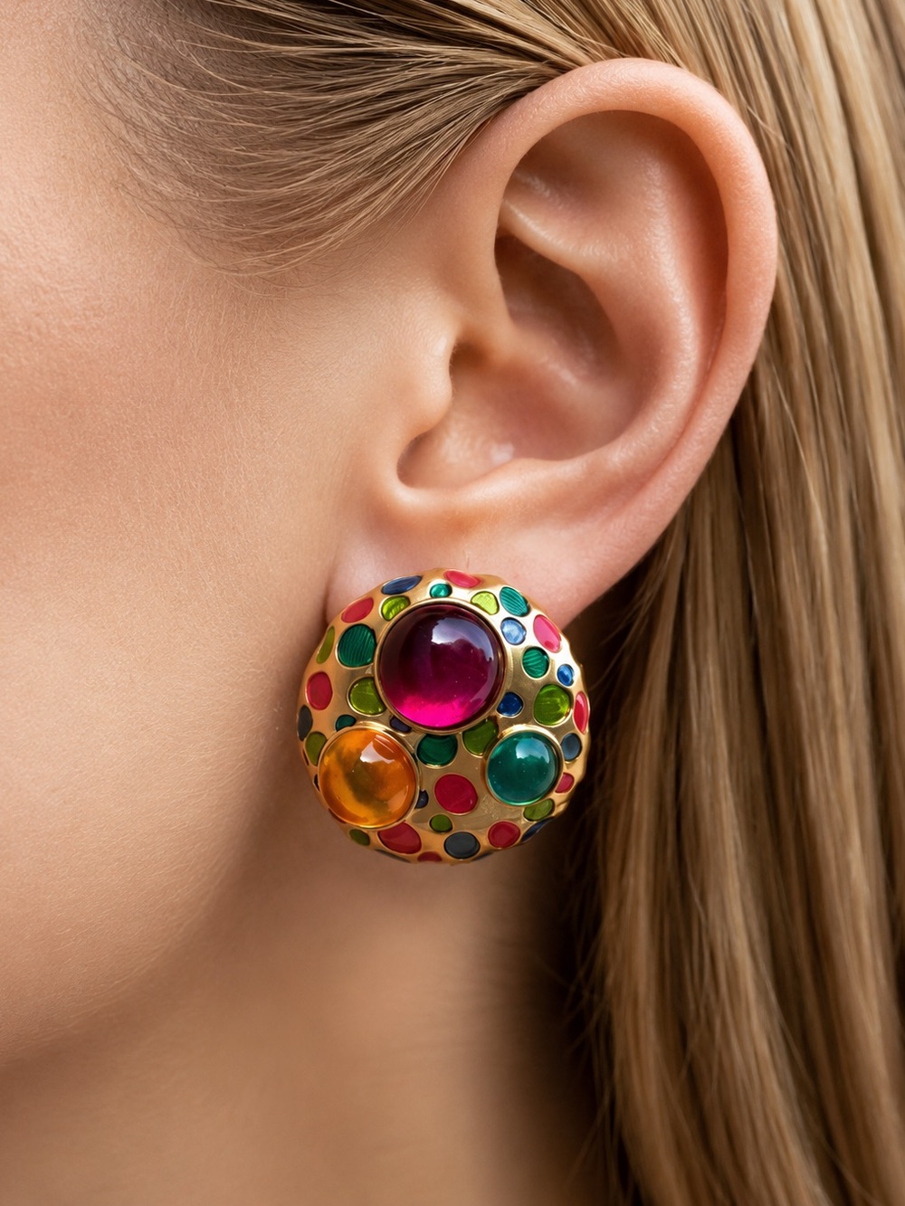 Vintage Multicolor Cabochon Dome Button Stud Earrings